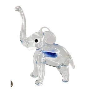 Handcrafted Glass Elephant Figurine 2.75" Clear With Blue Accents Trunk Up Lucky